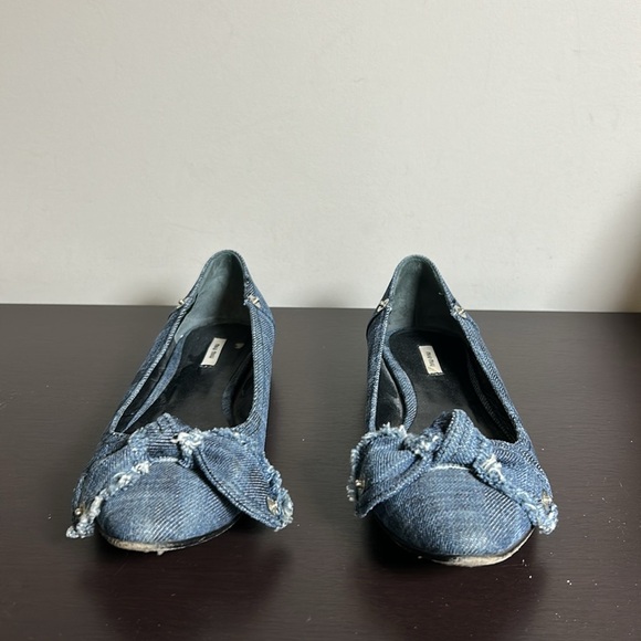MIU MIU blue denim bow ballet flats round toe studs leather Designer 35.5 US 5.5 - Picture 3 of 10
